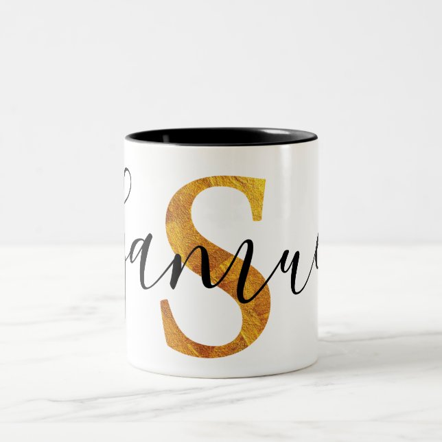 Gold 'S' Monogram w/ Personalized Name Two-Tone Coffee Mug (Center)