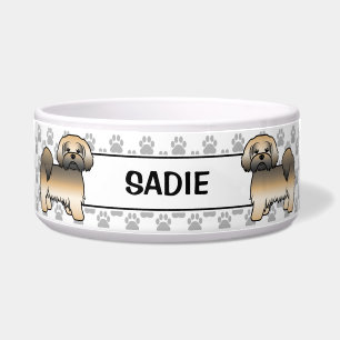 Gold Sable Lhasa Apso Dog With Paws & Name Bowl