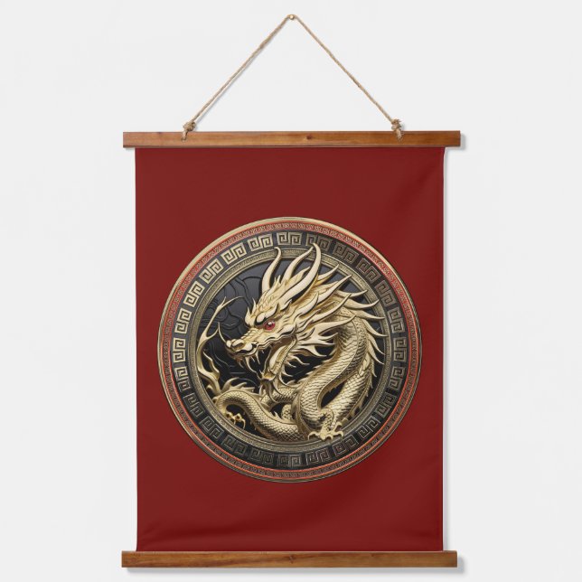 Gold Sacred Eastern Dragon Medallion Hanging Tapestry (Front)