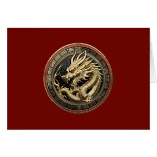 Gold Sacred Eastern Dragon Medallion on Red Velvet Cards