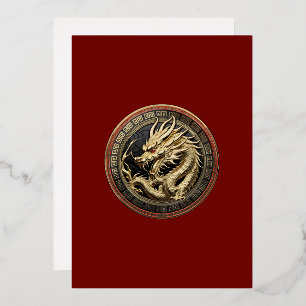 Gold Sacred Eastern Dragon Medallion on Red Velvet Foil Invitation
