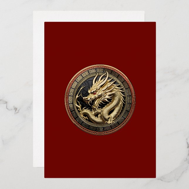 Gold Sacred Eastern Dragon Medallion on Red Velvet Foil Invitation (Front/Back)