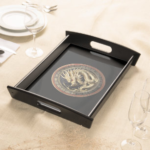 Gold Sacred Eastern Dragon Medallion Serving Tray