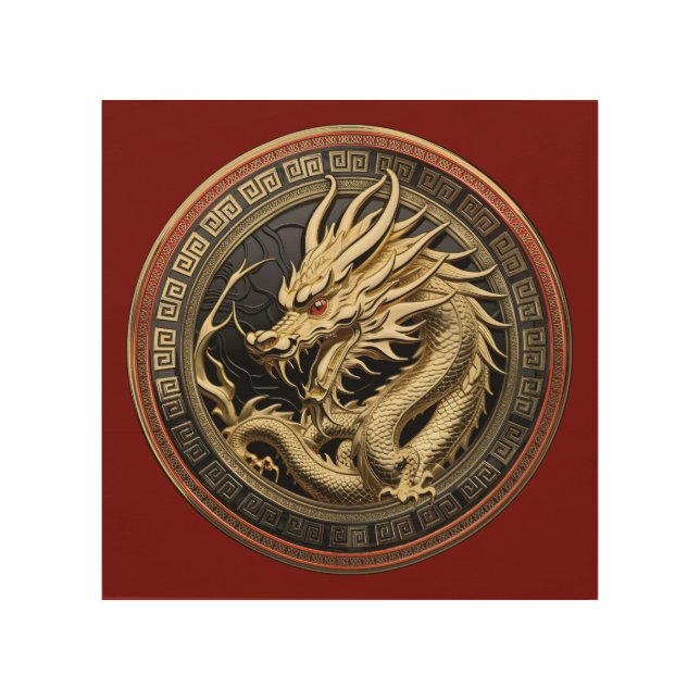 Gold Sacred Eastern Dragon Medallion Wood Wall Art (Front)