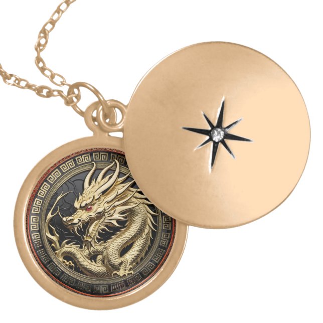 Gold Sacred Eastern Dragon over Medallion Plated Necklace (Front)