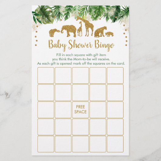 Gold Safari Animal Baby Shower Bingo Game (Front)