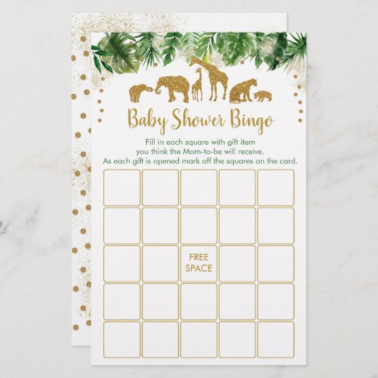 Gold Safari Animal Baby Shower Bingo Game (Front/Back)