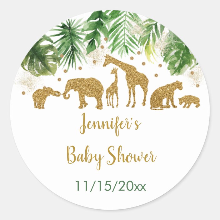 Gold Safari Jungle Animals Baby Shower Favor Stickers  Gold Glitter Baby Shower  Gender Neutral Baby Shower Favor Sticker bs-171