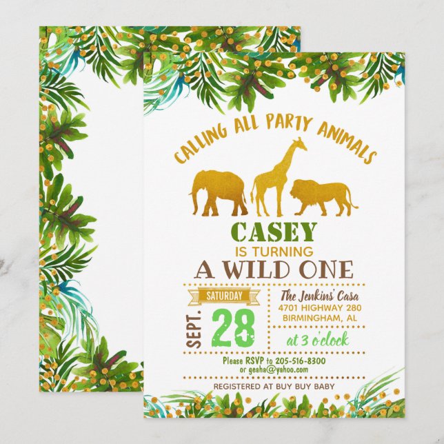 Gold Safari Animal Birthday Invitation (Front/Back)