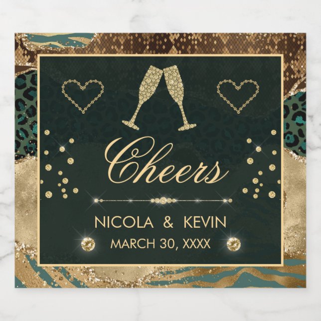 Gold Safari Animal Print Glitter Agate Wedding Sparkling Wine Label (Single Label)