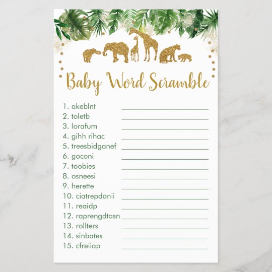 Gold Safari Animal Word Scramble Baby Shower Game | Zazzle.com