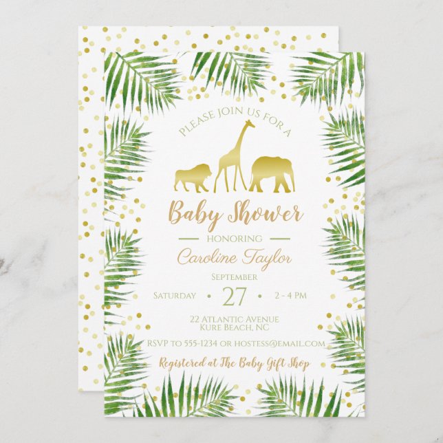Gold Safari Animals Baby Shower Invitation (Front/Back)