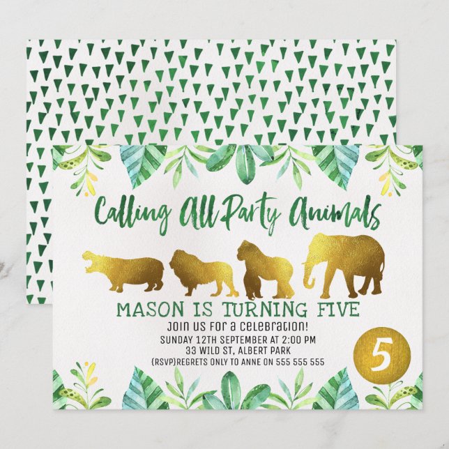 Gold Safari Animals Birthday Invitation (Front/Back)