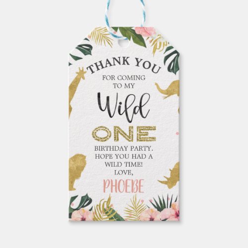 Gold Safari Animals Floral Wild One Birthday Tag