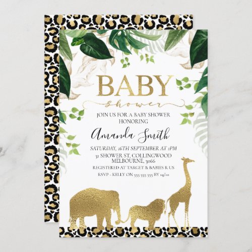 Gold Safari Animals Foliage Baby Shower Invitation