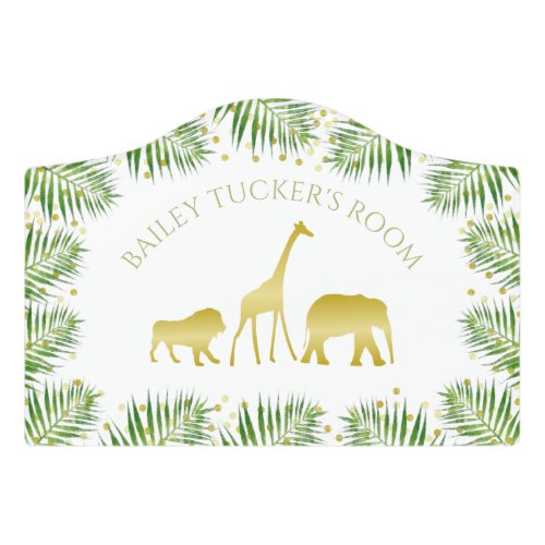 Gold Safari Animals Tropical Green Palm Leaves Door Sign