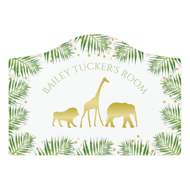 Gold Safari Animals Tropical Green Palm Leaves Door Sign (Small Crest Front)