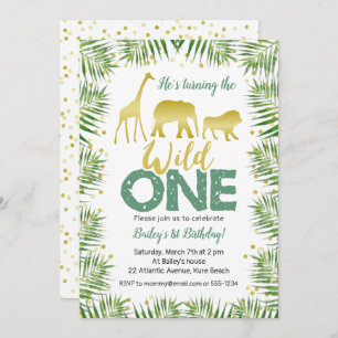Gold Safari Animals WILD ONE 1st Birthday Invitation