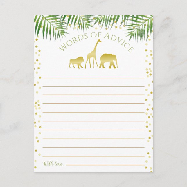 Gold Safari Baby Shower Words of Advice Postcard (Front)