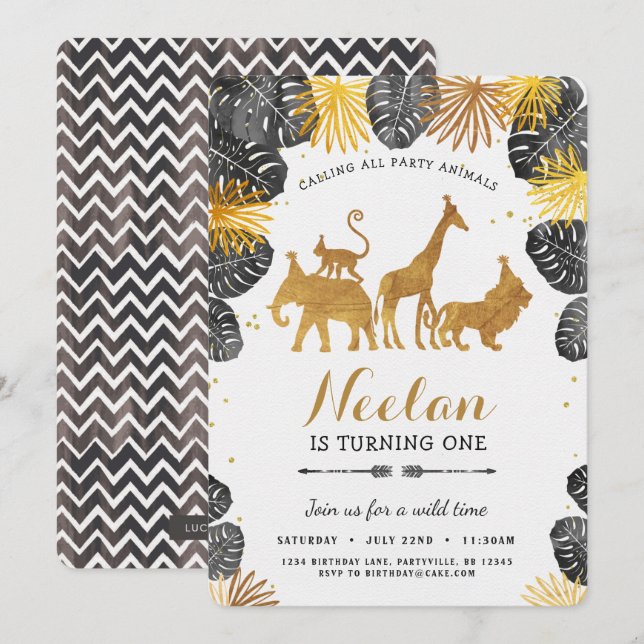 Gold Safari Birthday Invitation (Front/Back)