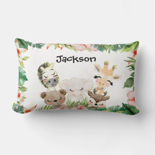 Gold Safari Friends Watercolor Floral Greenery Lumbar Pillow