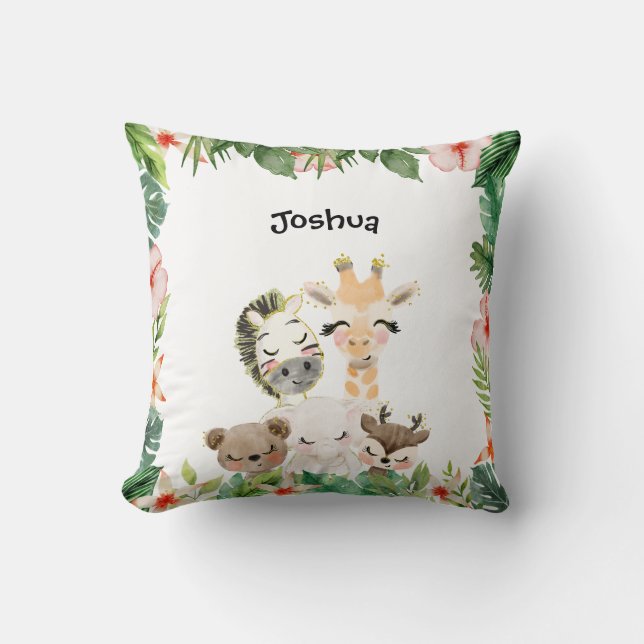 Gold Safari Friends | Watercolor Floral Greenery Throw Pillow (Front)