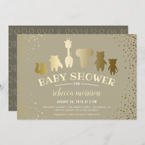 Gold Safari Zoo Animals Baby Shower Invitation - Celebrate your gender neutral baby shower with these Gold Safari Zoo Animals Baby Shower invitations designed for you by Eugene Designs. On the front you have confetti around the baby shower typography and the faux gold foil animals (squirrel, fox, giraffe, elephant, bear and monkey). On the reverse you'll find hand-drawn lines in a contrasting cream and greige color scheme.