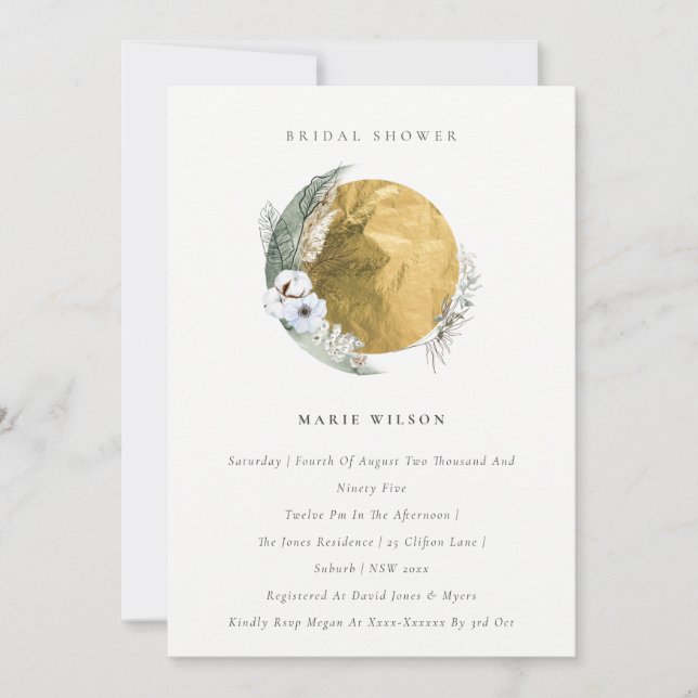 Gold Saga Green Floral Wreath Bridal Shower Invite (Front)