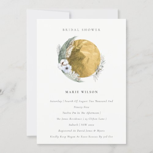 Gold Saga Green Floral Wreath Bridal Shower Invite