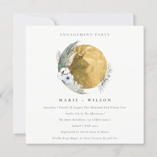 Gold Saga Green Floral Wreath Engagement Invite