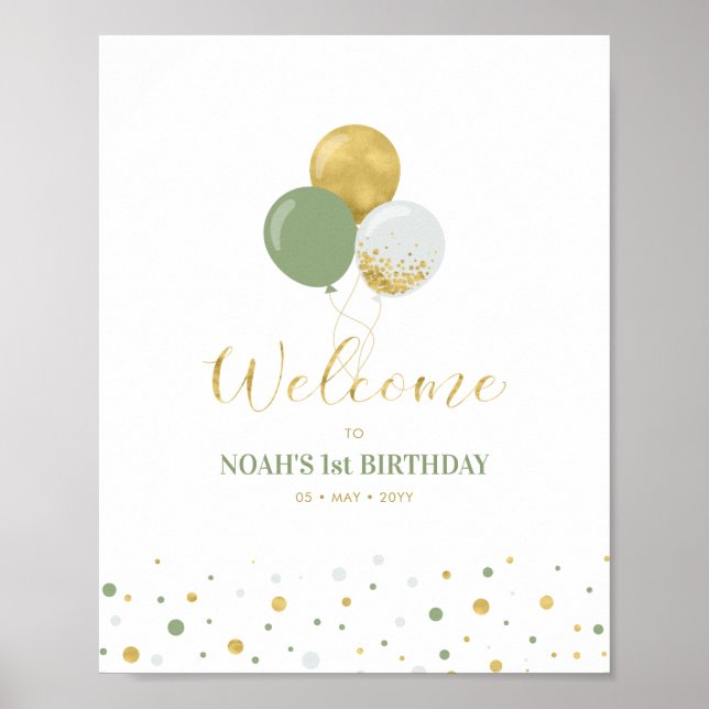 Gold & Sage Balloons Boy 1st Birthday Welcome Poster (Front)