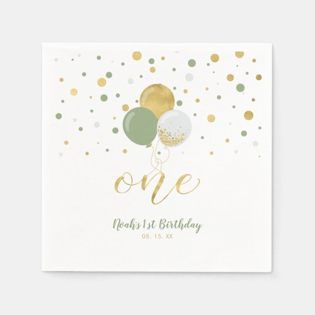 Gold & Sage Balloons, Confetti Boy 1st Birthday Napkins (Front)