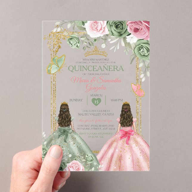 Gold Sage Green And Pink Twin Quinceañera Acrylic Invitations (Insitu (Handheld))