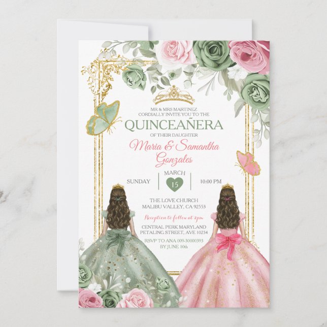 Gold Sage Green And Pink Twin Quinceañera  Invitation (Front)
