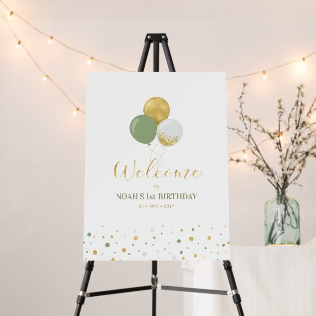 Gold & Sage Green Balloons | 1st Birthday Welcome Foam Board (In Situ (Stand))