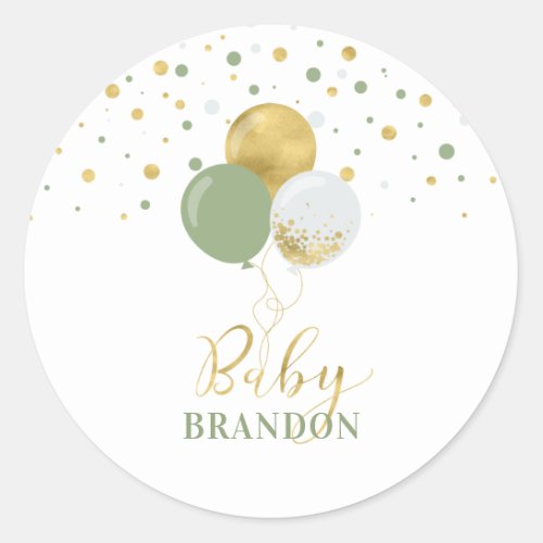Gold  Sage Green Balloons  Baby Name Party Classic Round Sticker