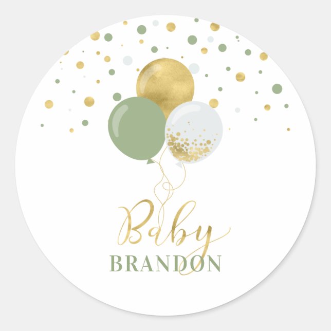 Gold & Sage Green Balloons | Baby Name Party Classic Round Sticker (Front)