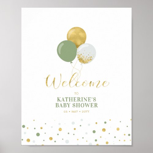 Gold Sage Green Balloons  Boy Baby Shower Welcome Poster