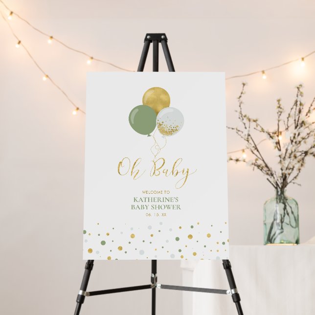 Gold & Sage Green Balloons | Oh Baby Welcome Sign (In Situ (Stand))