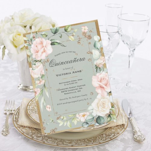 Gold Sage Green Elegant Floral Quinceaera Invitation