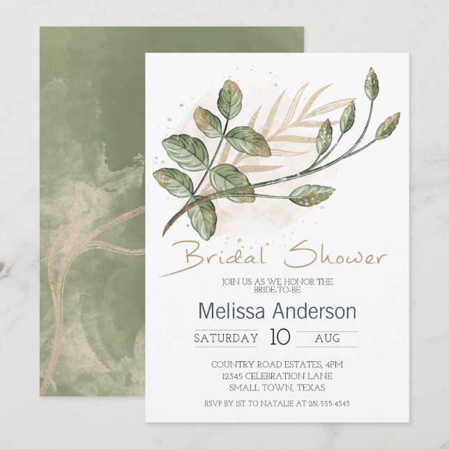 Gold Sage Green Floral Elegant Bridal Shower (Front/Back)