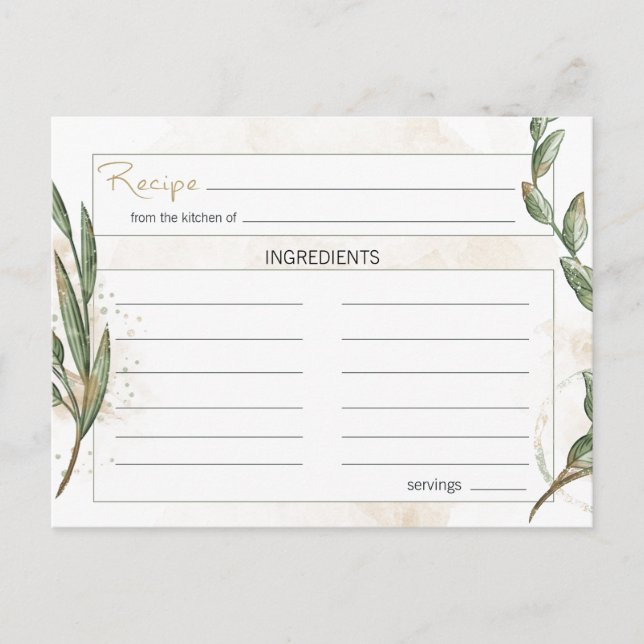 Gold Sage Green Floral Recipe Card (Front)
