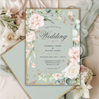 Gold Sage Green Floral Wedding Invitation