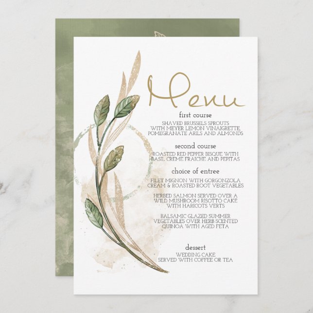 Gold Sage Green Floral Wedding Menu (Front/Back)