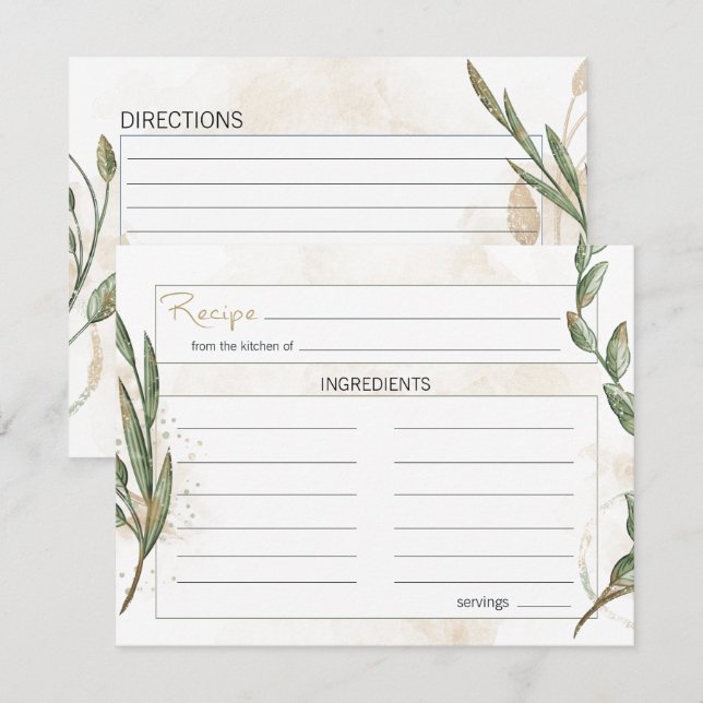Gold Sage Green Floral Wedding Recipe Card (Front/Back)