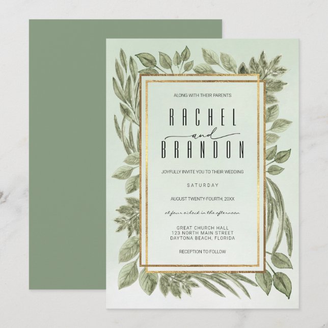 Gold Sage Green Greenery Watercolor Wedding Invitation (Front/Back)