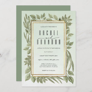 Gold Sage Green Greenery Watercolor Wedding Invitation