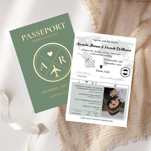 Gold  Sage Green Passport  Wedding Invitation