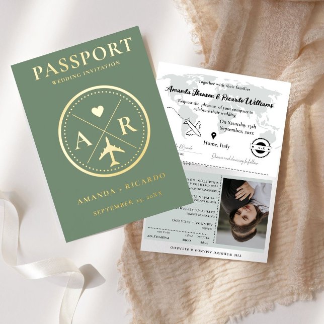 Gold & Sage Green Passport  Wedding Invitation (Creator Uploaded)