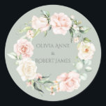 Gold Sage Green Pink Blush Floral Names Wedding Cl Classic Round Sticker<br><div class="desc">Pretty pink,  peach and pink blush watercolor flowers on a sage green background giving this sticker a romantic elegant look.  So delicate and pretty.  Combine pinks,  blushes,  peaches,  greens and browns for your wedding colors.  Gorgeous!  I can picture a beautiful romantic day.</div>